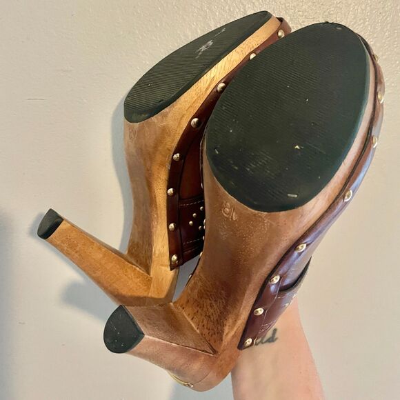 Vtg 90s Y2K Michael Kors Brown Leather Platform Studded Clogs Mules Heels - 8 US - Picture 8 of 8